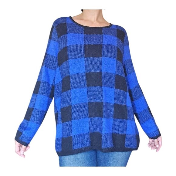 Lane Bryant Black Blue Check Sweater Women's Size 22 24 Fuzzy Soft Cozycore Fall - Picture 1 of 6